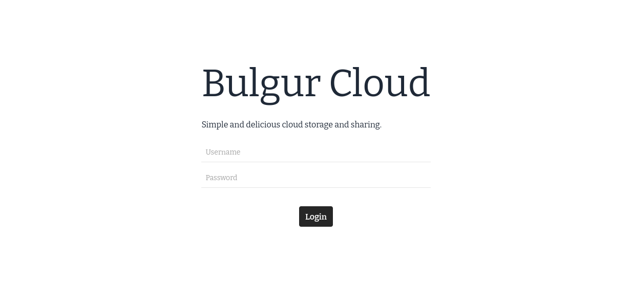 A white web page with the words Bulgur Cloud. Below is Simple and delicious cloud storage and sharing. Under that are two fields titled Username and Password, and a black button titled Login.