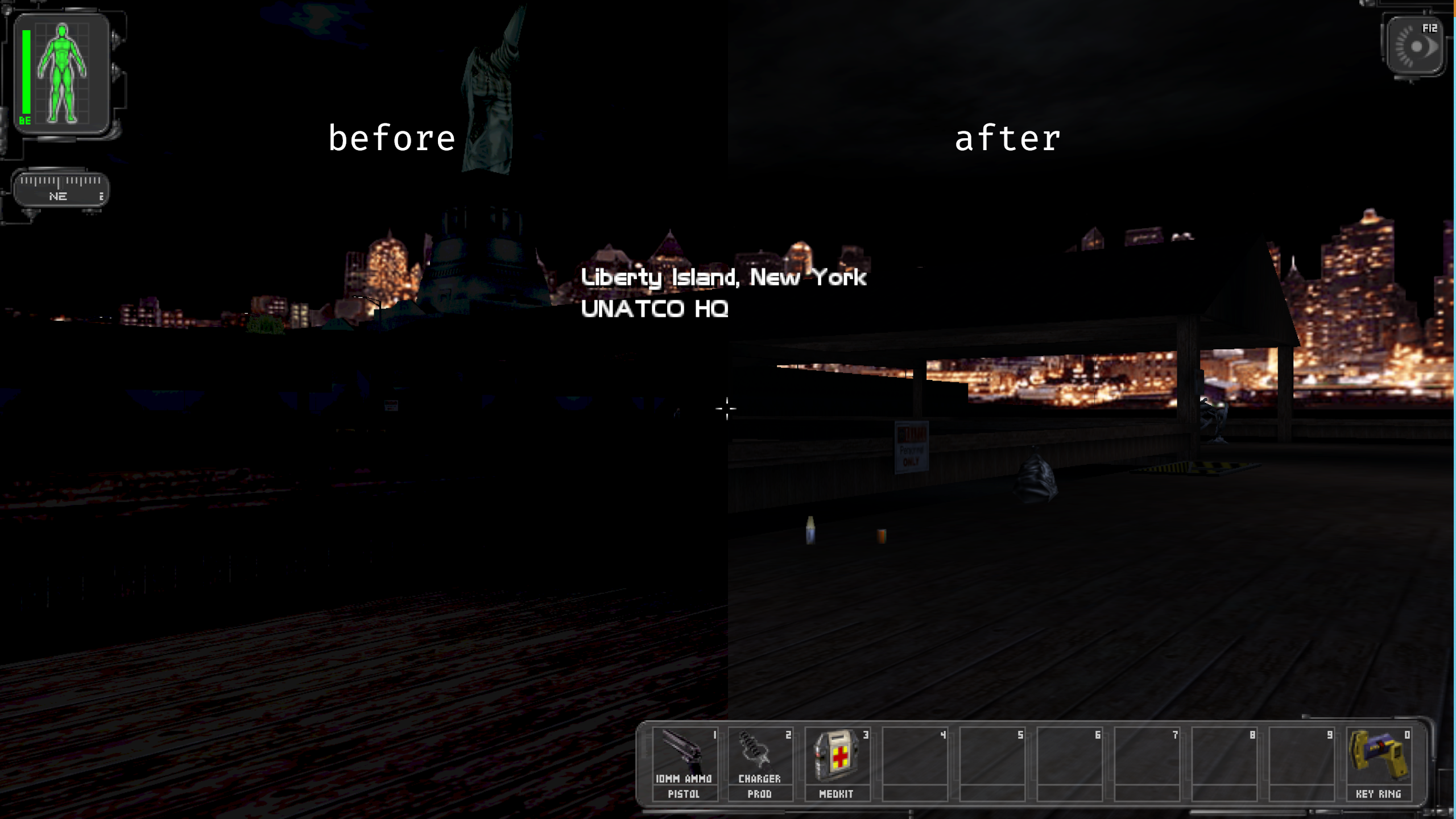 A game screenshot displaying the Statue of Liberty in front of a cityscape. Closer to the player are wooden docks. The image is split down the middle, left side says before and is very dark, the right side says after and is much lighter.