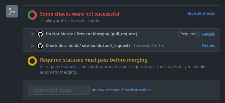 The checks section on a PR page. A check named Do Not Merge has failed, and the merge button is disabled. Github warns that all checks must pass before merging.