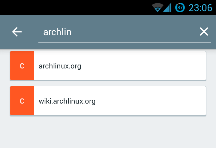 An Android phone screenshot. A search bar at the top displays &ldquo;archlin&rdquo; typed in, and below the search bar the options &ldquo;archlinux.org&rdquo; and &ldquo;wiki.archlinux.org&rdquo; are listed.