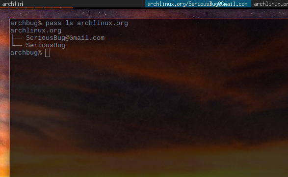 A terminal window with the command &ldquo;pass ls archlinux.org&rdquo;. The output lists &ldquo;SeriousBug@Gmail.com&rdquo; and &ldquo;SeriousBug&rdquo;. Above the terminal is a bar, with &ldquo;archlin&rdquo; typed on the left, and the option &ldquo;archlinux.org/SeriousBug@Gmail.com&rdquo; displayed on the right.